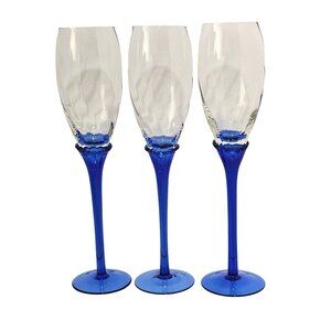 3 Calla Lilly Champagne Flutes Glasses 10" floral swirl optic bowls cobalt blue